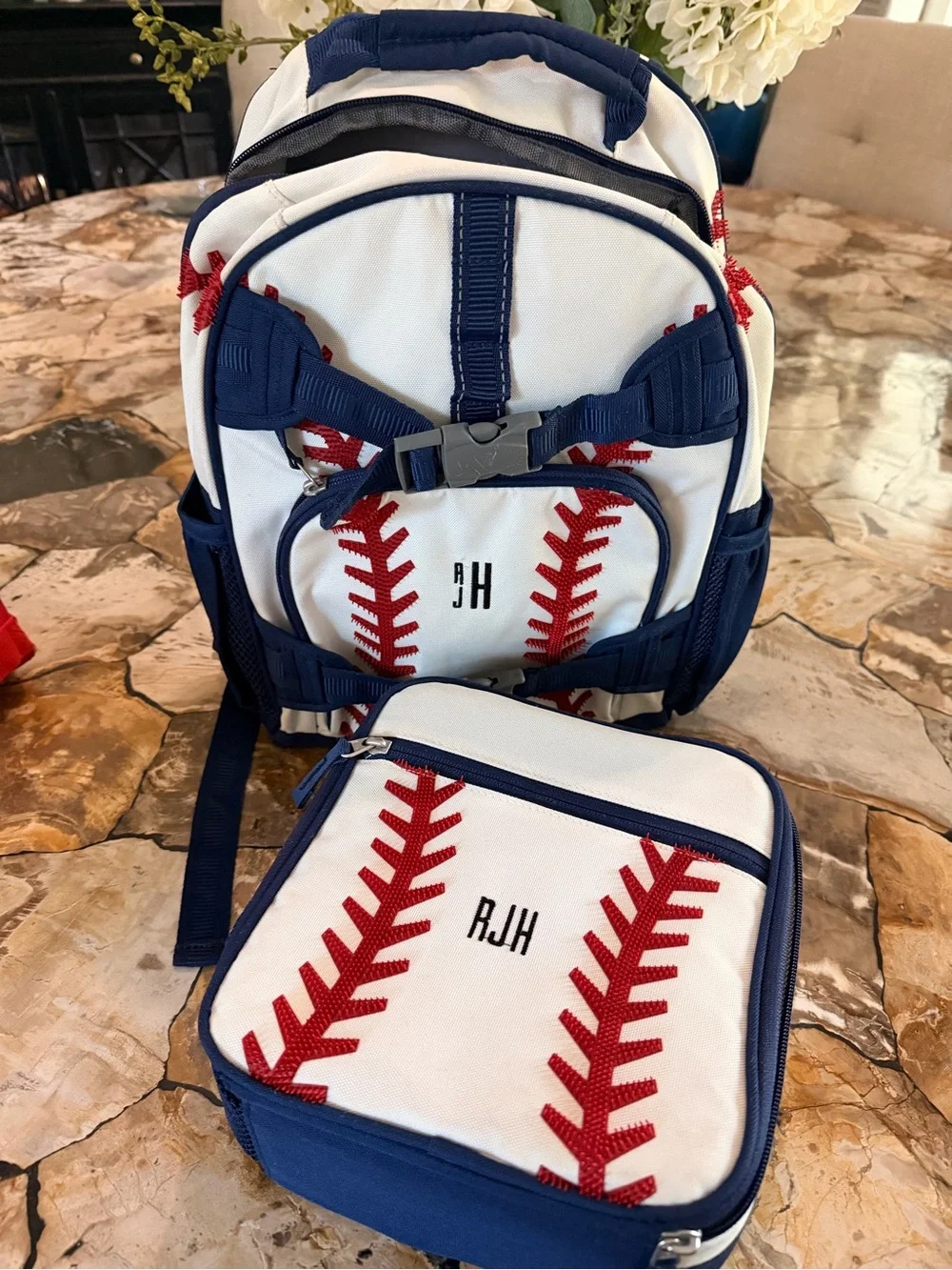 Pottery barn Kids Mackenzie 3d Baseball Stitch Backpack - Navy/White